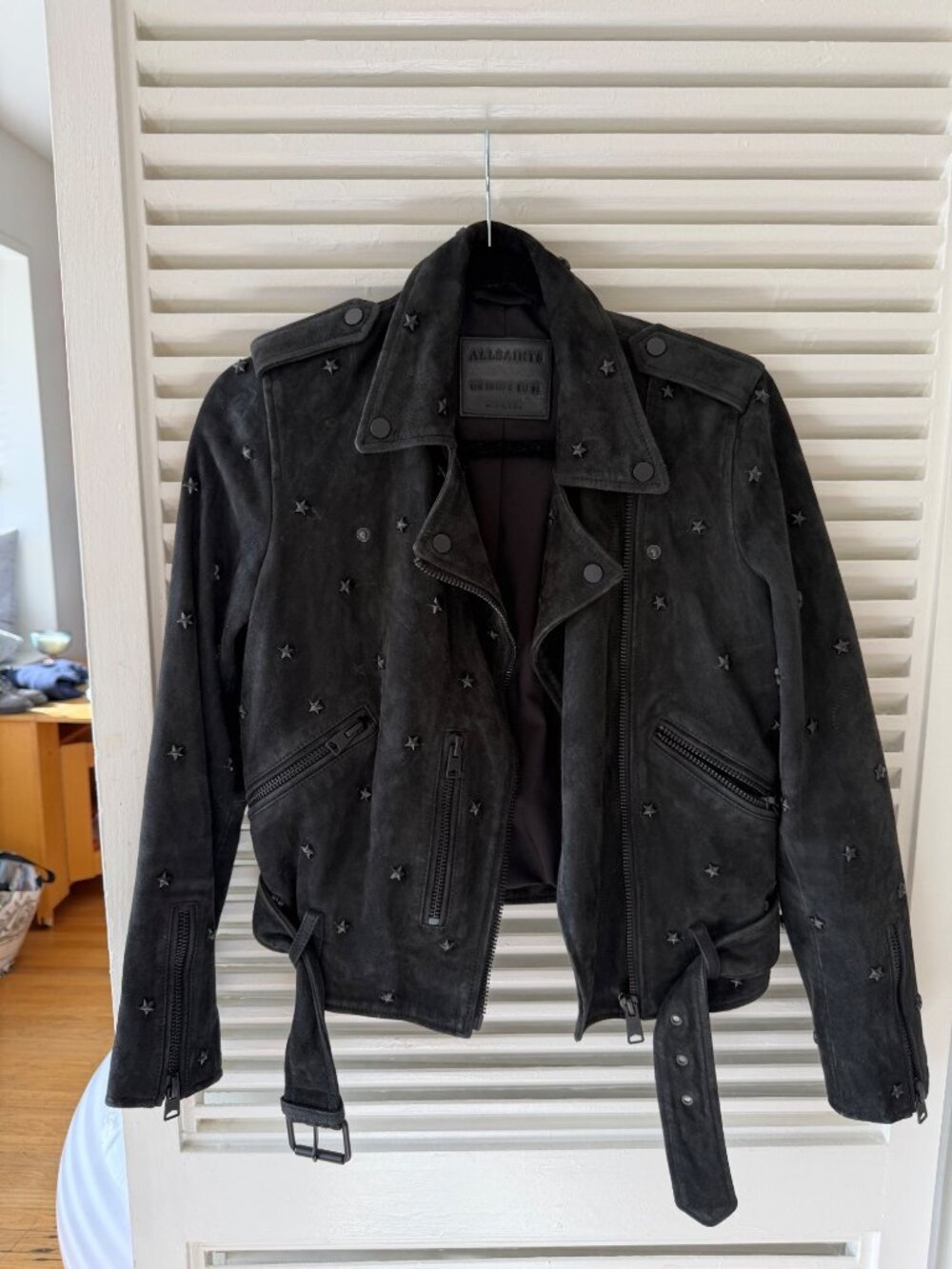 AllSaints Black Suede Star-Studded Biker Jacket With Belted Waist UK 10 US 6 EU